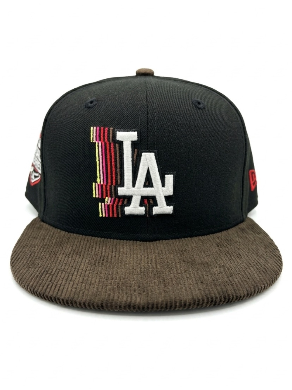 New Era Black Crown Brown Corduroy Brim LA Cap with Multicolor Stitch